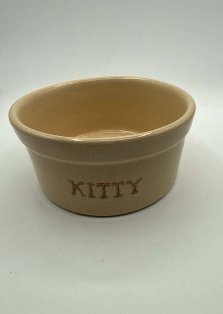 Vintage Stoneware Kitty Pet Bowl Tan Ceramic